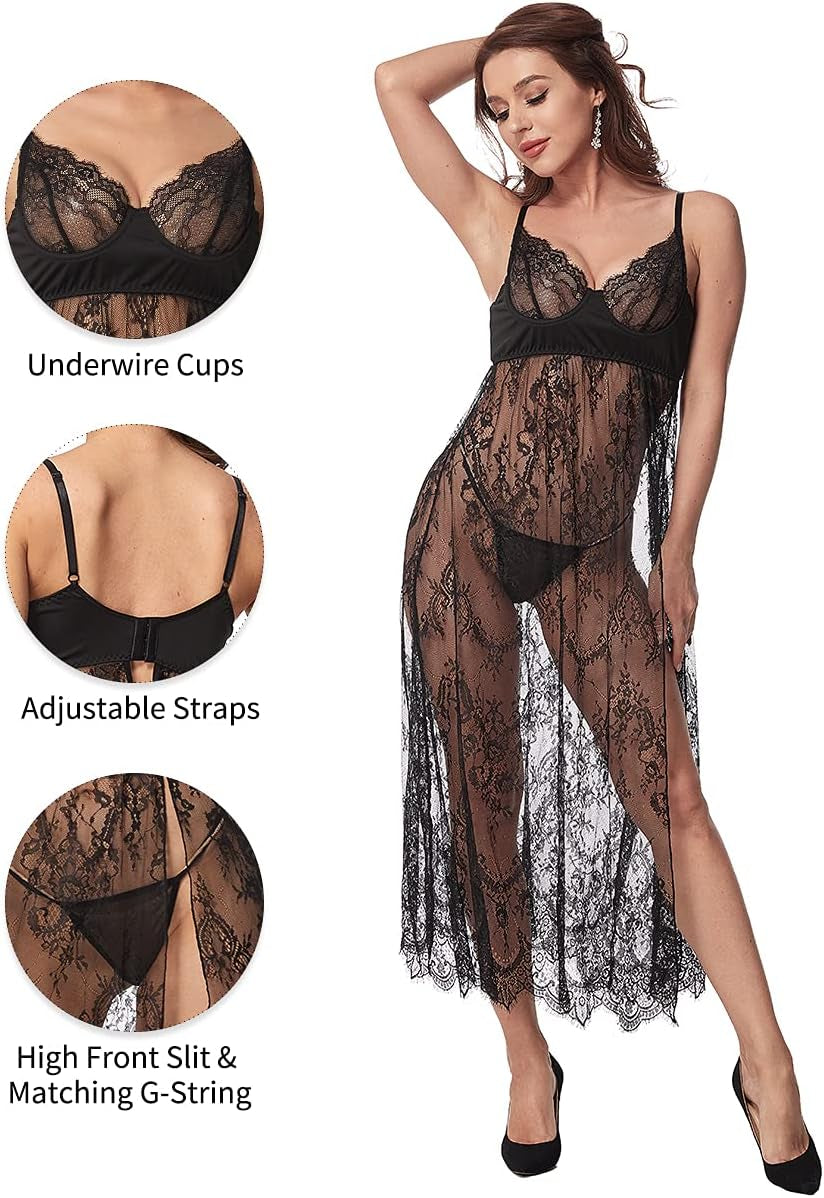 Women Sexy Lingerie Lace High Slit Maxi Long Gown Sheer Dress with Underwire S-4XL - OmniPleasures