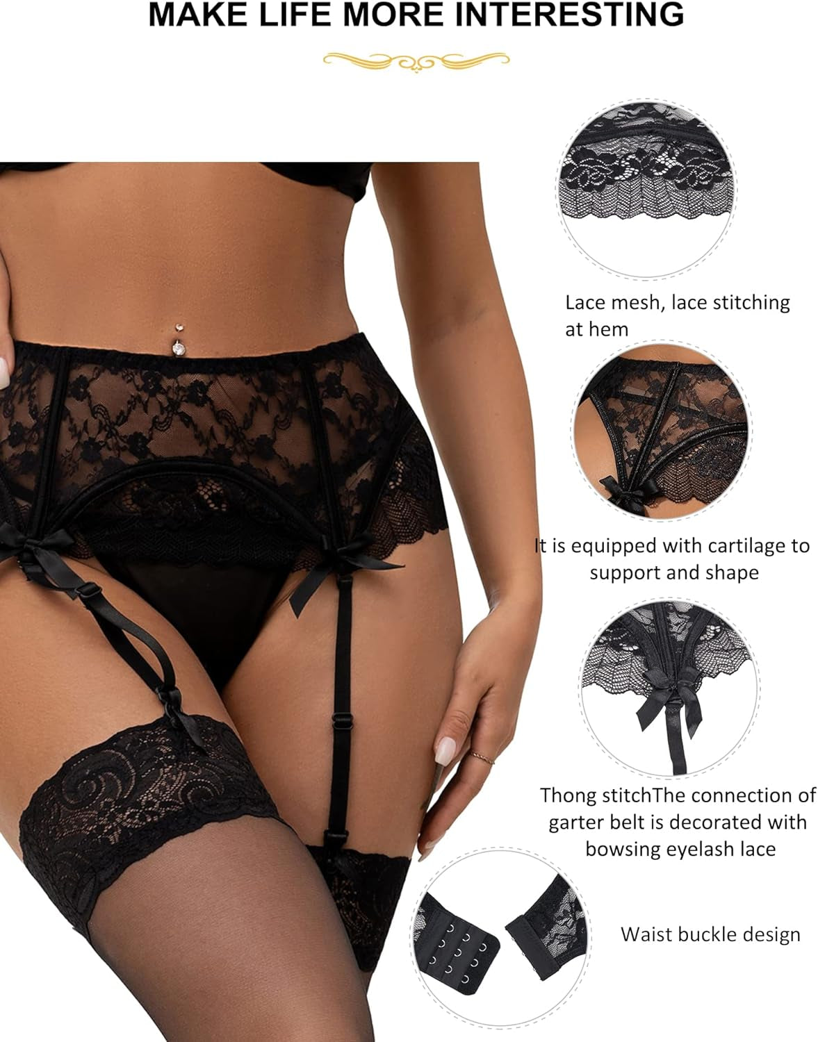 Eyelash Lace Garter Belts with G-String for Thigh Highs plus Size Black Garter Lingerie for Women - OmniPleasures