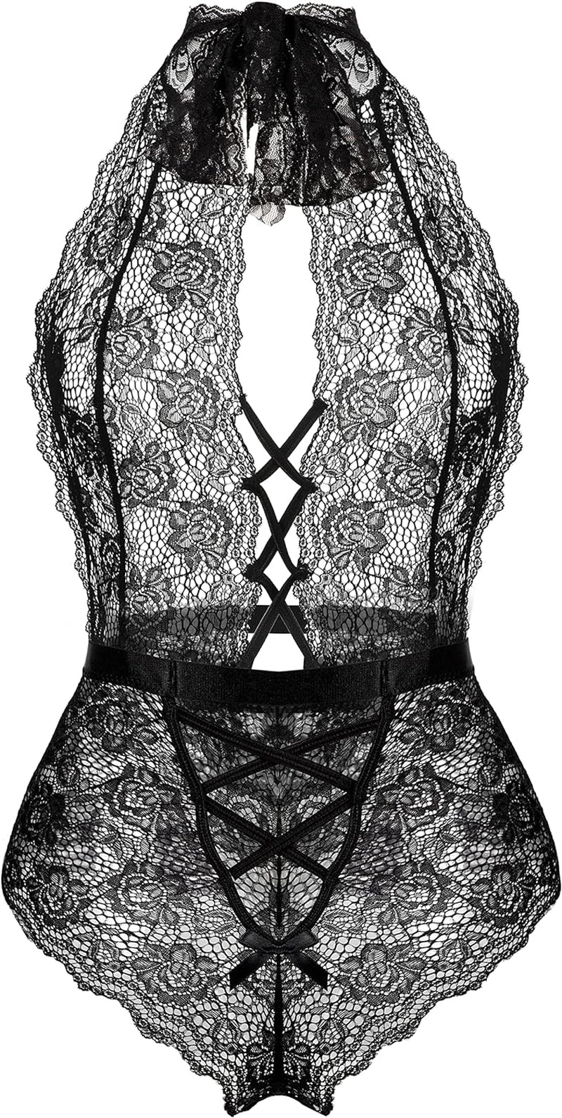 Women Lace Bodysuit Deep V Neck Dobby Mesh Body Suits Teddy Lingerie Black,M - OmniPleasures