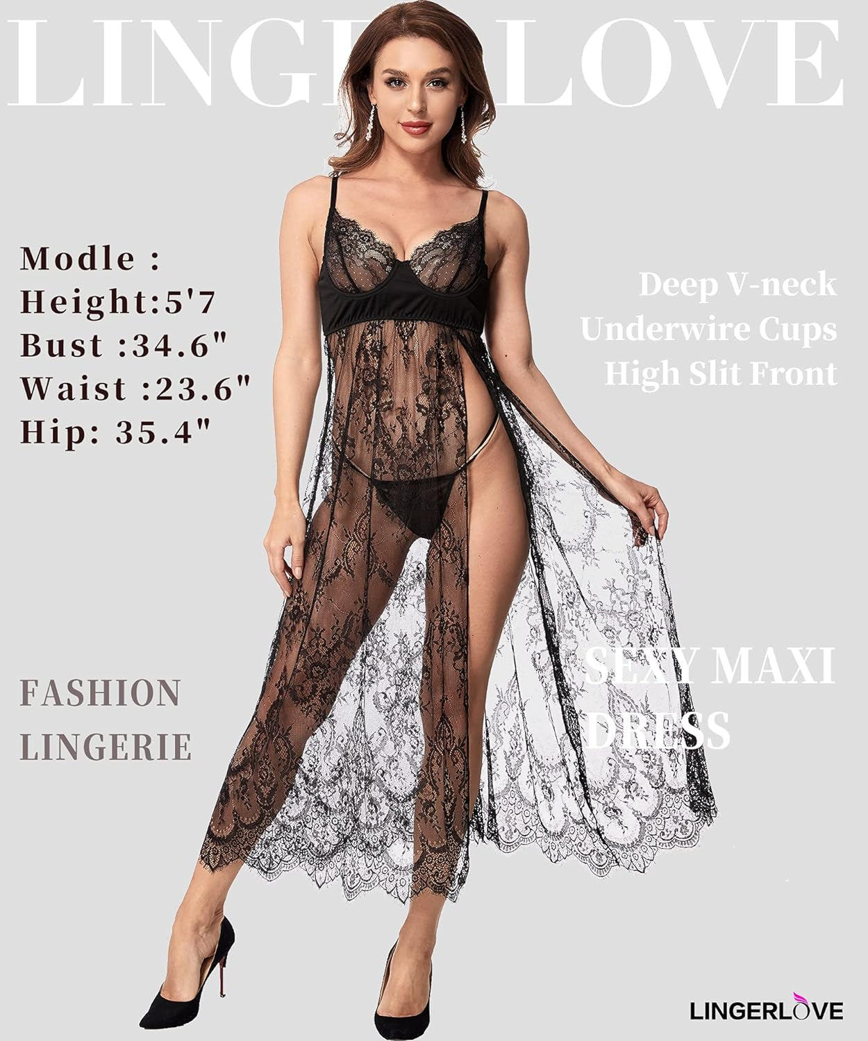 Women Sexy Lingerie Lace High Slit Maxi Long Gown Sheer Dress with Underwire S-4XL - OmniPleasures