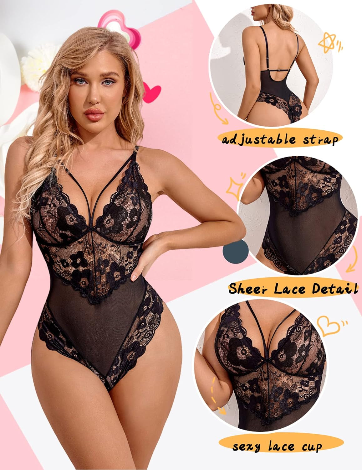 Womens Snap Crotch Lingerie Lace Teddy One Piece Babydoll Sexy Mini Bodysuit - OmniPleasures