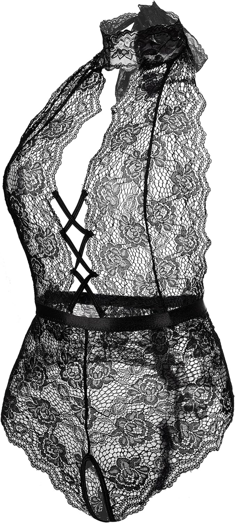 Women Lace Bodysuit Deep V Neck Dobby Mesh Body Suits Teddy Lingerie Black,M - OmniPleasures