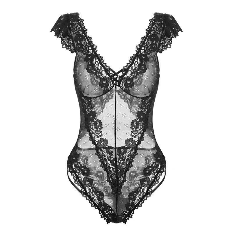 Sexy Lace Lingerie Black Transparent Bodysuit - OmniPleasures