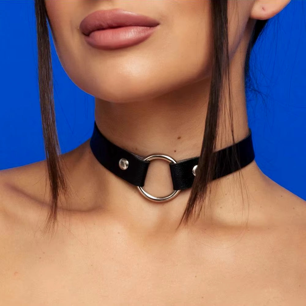 Women Punk Leather Sexy Collar Necklaces round Trendy Neck Heart Harajuku Choker Gothic Bondage Women Neck Accessories - OmniPleasures