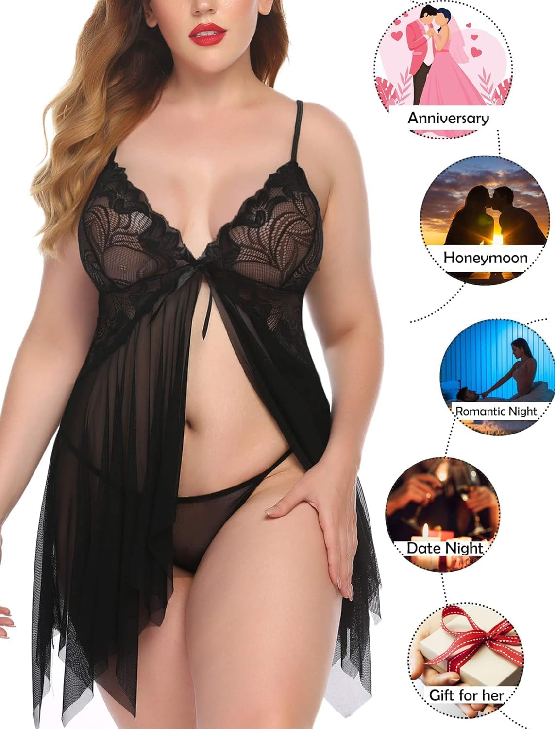 plus Size Lingerie Babydoll Chemise Lace Sleepwear Boudoir Outfit (Black, XXL) - OmniPleasures