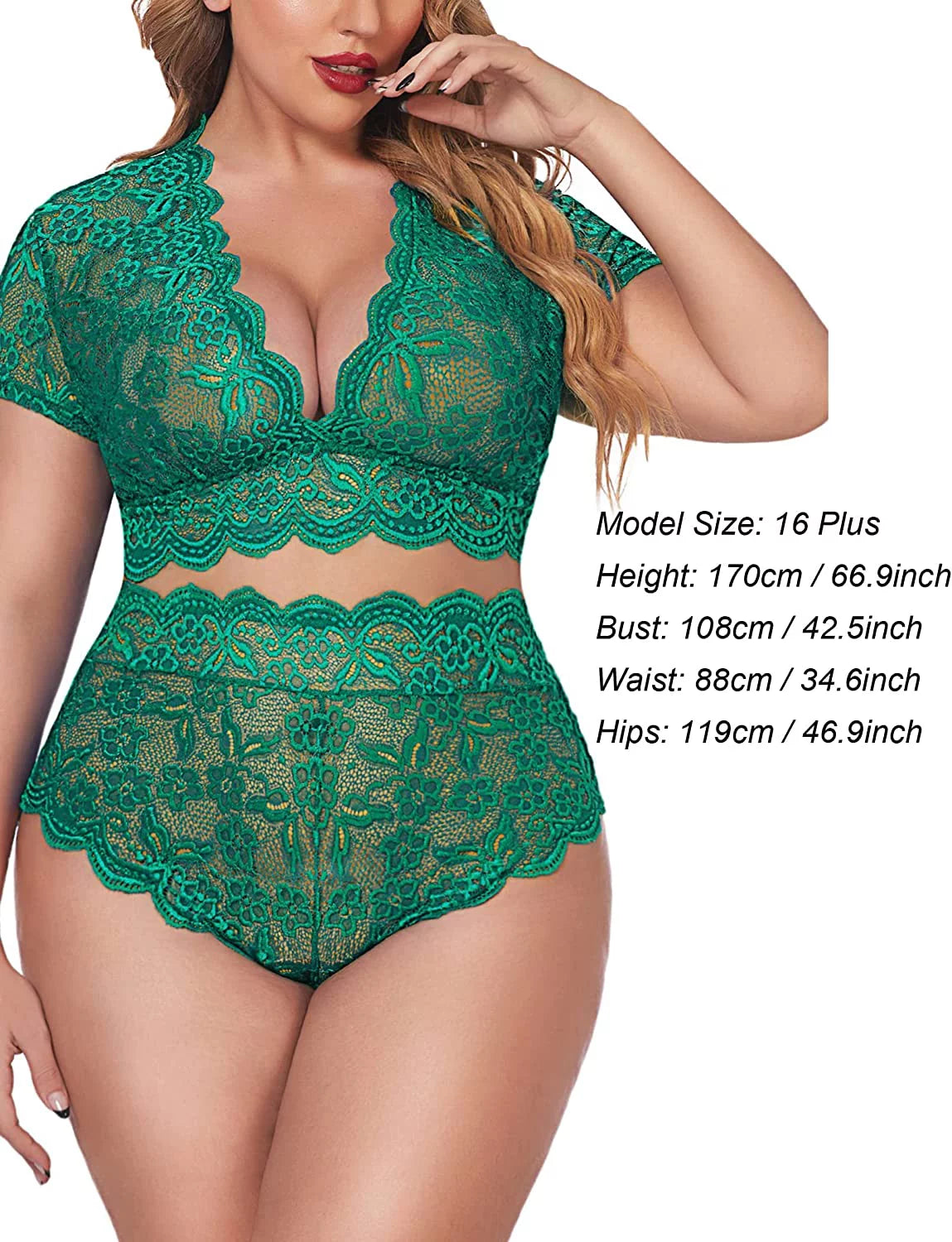 plus Size Lingerie plus Floral Lace Scallop Trim Lingerie Set Deep V Allover Lace Bra Panties Set Sexy Clubwear (22 plus Green) - OmniPleasures