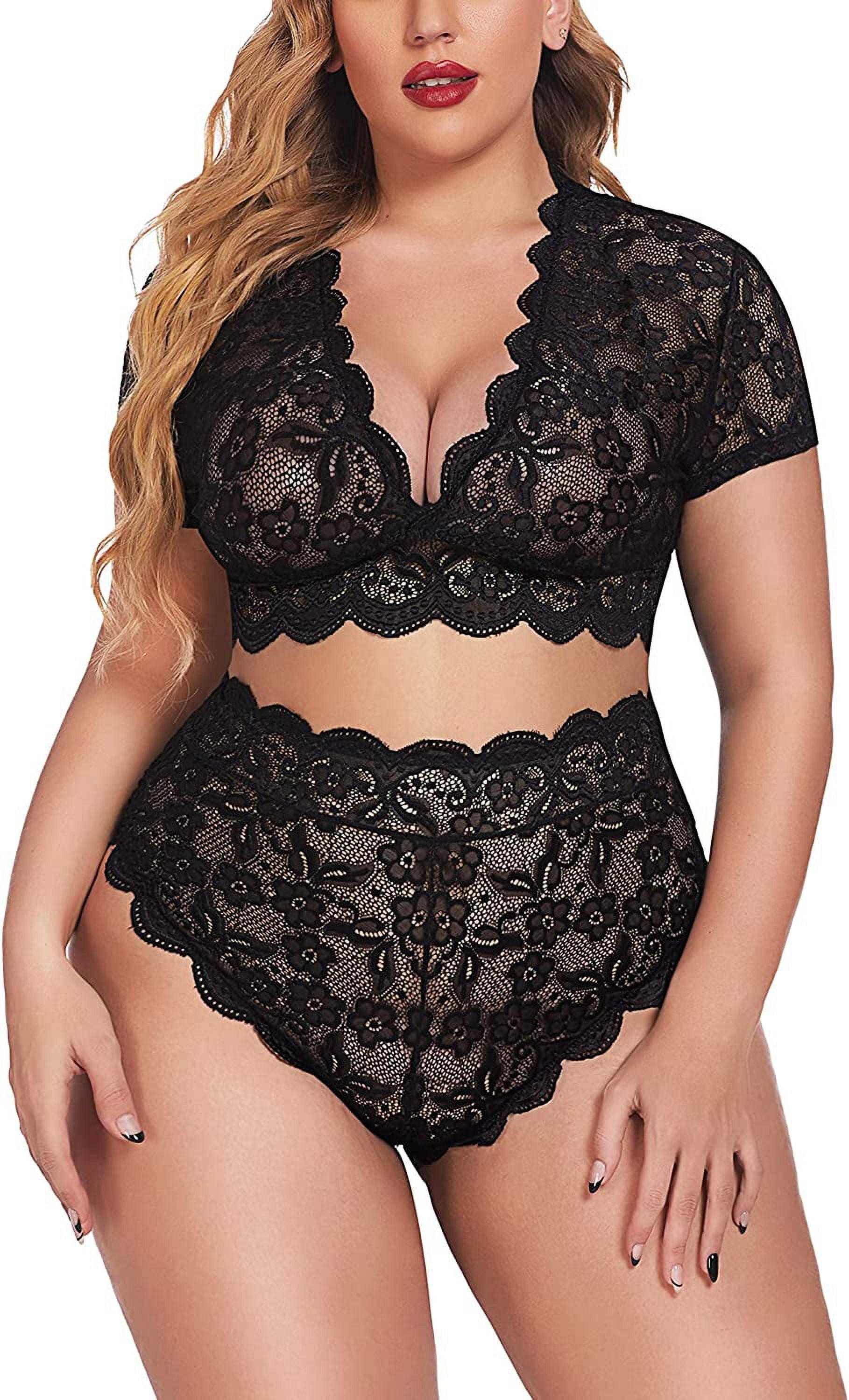 plus Size Lingerie plus Floral Lace Scallop Trim Lingerie Set Bra Panties Set(14W Black) - OmniPleasures