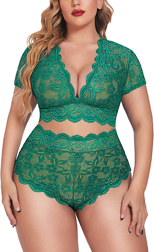 plus Size Lingerie plus Floral Lace Scallop Trim Lingerie Set Deep V Allover Lace Bra Panties Set Sexy Clubwear (22 plus Green) - OmniPleasures