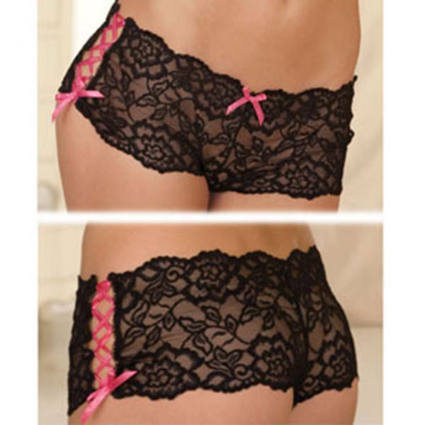 Rene Rofe Crotchless Lace Side Tie Boyleg Panty Black S/M - OmniPleasures