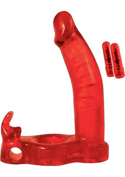 Double Penetrator Rabbit Cockring Vibrating Waterproof Red - OmniPleasures