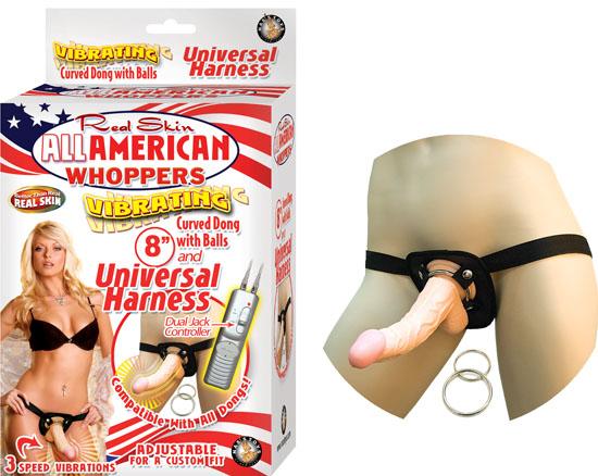 All American Whoppers 8 inches Vibrating Dong & Universal Harness Beige - OmniPleasures