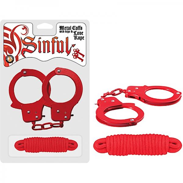 Sinful Metal Cuffs W/keys & Love Rope Red - OmniPleasures