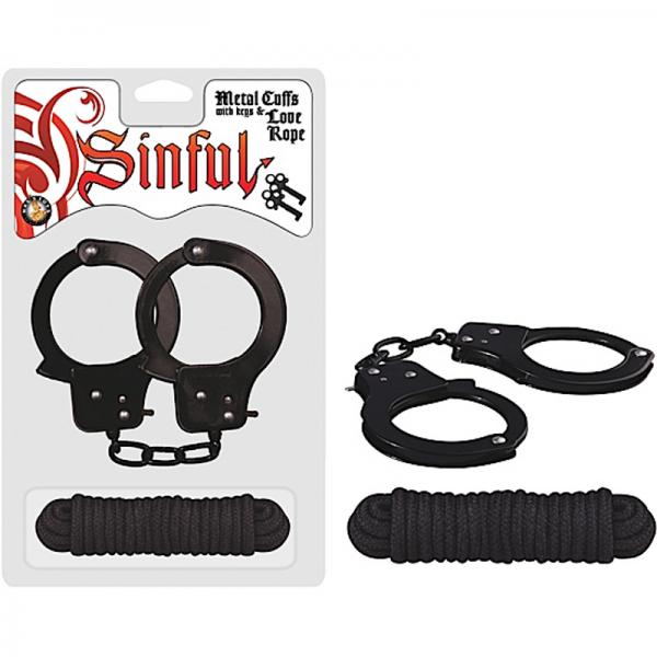 Sinful Metal Cuffs W/keys & Love Rope Black - OmniPleasures