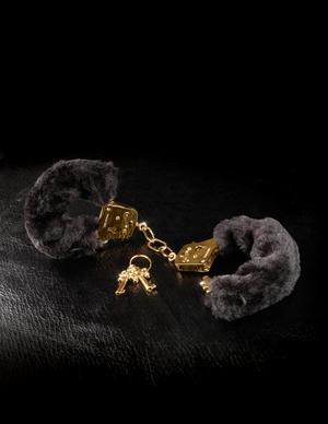 Deluxe Furry Cuffs Black Gold Handcuffs - OmniPleasures