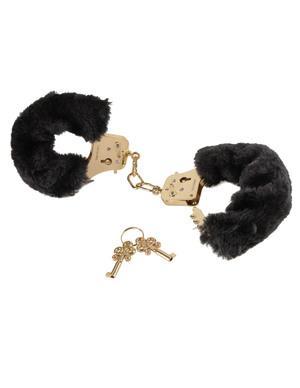 Deluxe Furry Cuffs Black Gold Handcuffs - OmniPleasures