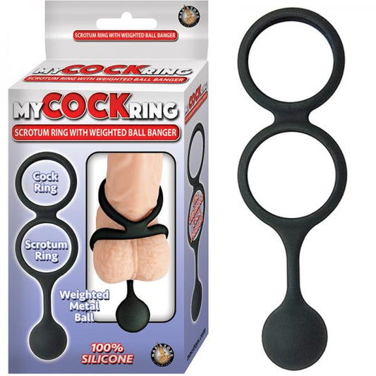 My Cock Ring Scrotum Ring With Weighted Ball Banger Silicone Black - OmniPleasures