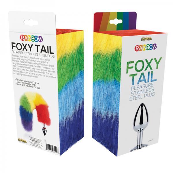 Rainbow Foxy Tail Fur Tail With Stainless Steel Butt Plug - OmniPleasures