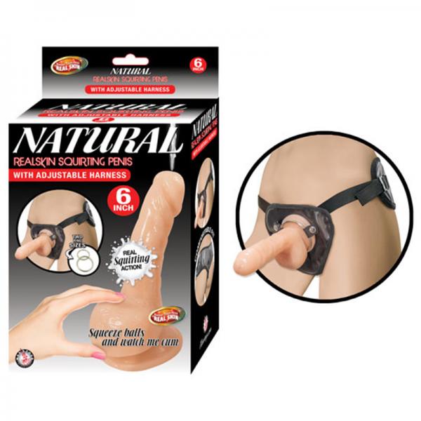 Natural Realskin Squirting Penis W/adjustable Harness 6in Flesh - OmniPleasures