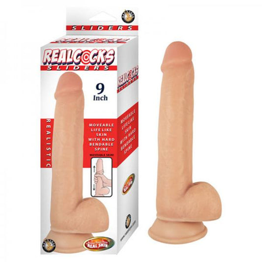 Realcocks Sliders 9in Moveable Skin Bendable Harness Compatible Suction Cup Base Flesh - OmniPleasures