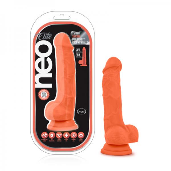 Neo Elite - 7.5in Silicone Dual Density Cock With Balls - Neon Orange - OmniPleasures