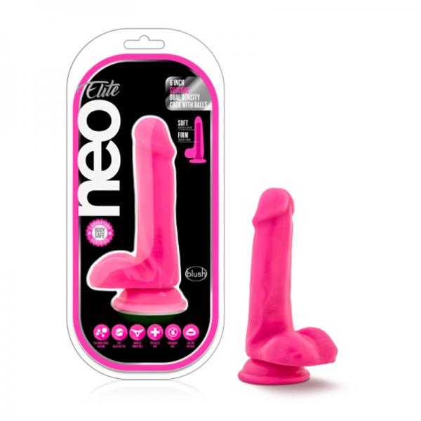 Neo Elite - 6in Silicone Dual Density Cock With Balls - Neon Pink - OmniPleasures