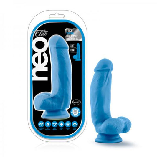 Neo Elite - 7in Silicone Dual Density Cock With Balls - Neon Blue - OmniPleasures