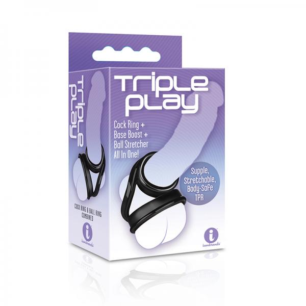 Triple Play Cock Ring, Base Boost, Ball Stretcher Black - OmniPleasures