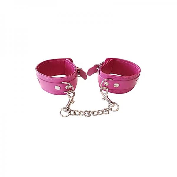 Plain Leather Wrist Cuffs - Pink - OmniPleasures