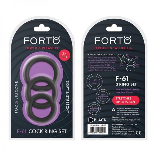 Forto F-61: 3 Piece C-ring Set 100% Silicone (1.2in,1.38in 1.57in) Black - OmniPleasures