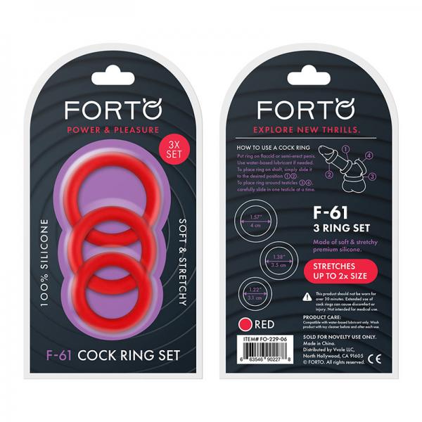 Forto F-61: 3 Piece C-ring Set 100% Silicone (1.2in, 1.38in 1.57in) Red - OmniPleasures