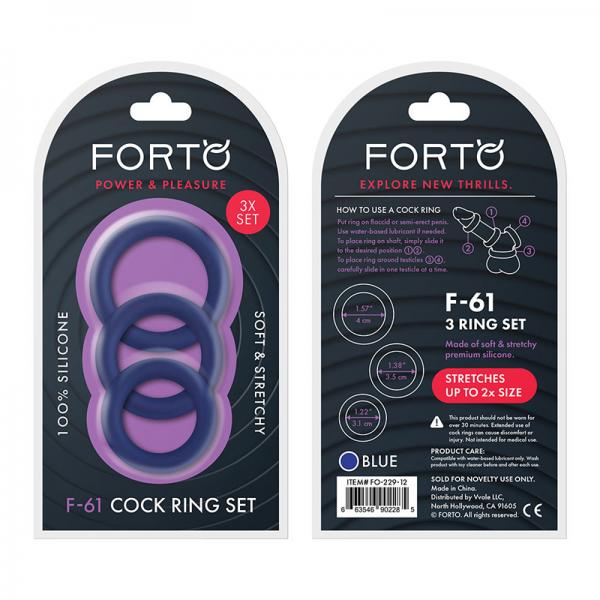 Forto F-61: 3 Piece C-ring Set 100% Silicone (1.2in, 1.38in 1.57in) Blue - OmniPleasures