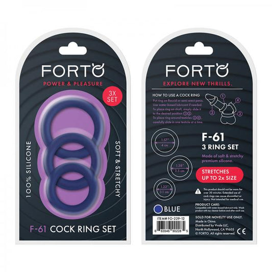 Forto F-61: 3 Piece C-ring Set 100% Silicone (1.2in, 1.38in 1.57in) Blue - OmniPleasures