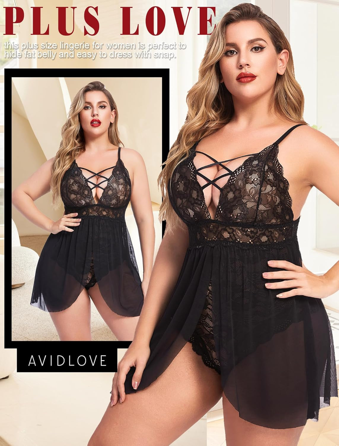 Babydoll Dress for Women Sexy Lingerie plus Size Lace Chemise Mesh Deep V Nightwear (Black, 5XL) - OmniPleasures