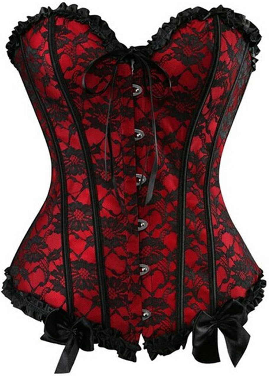 Womens Floral Black Lace Trim Corset Overbust Waist Cincher Bustier Top - OmniPleasures