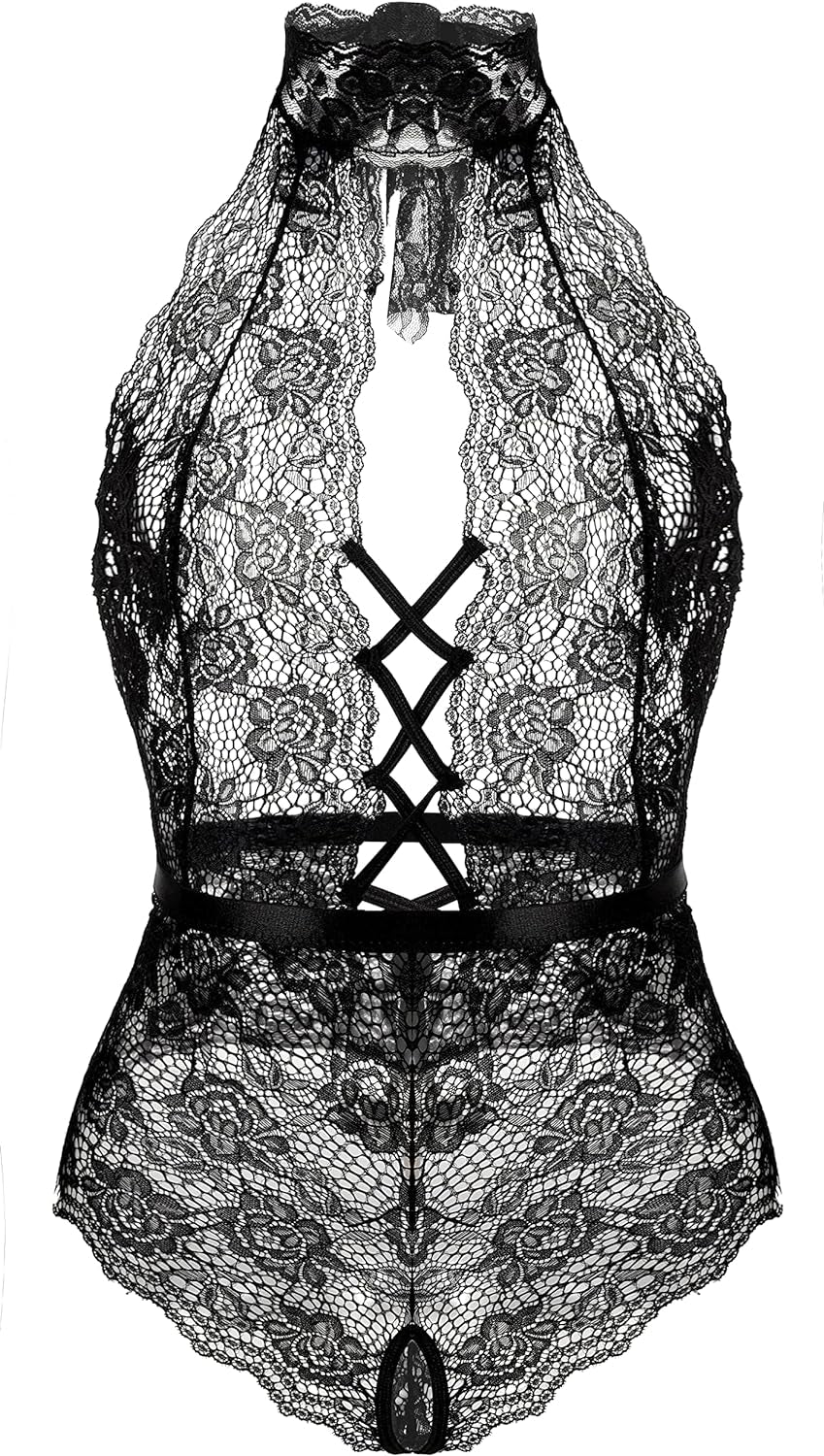 Women Lace Bodysuit Deep V Neck Dobby Mesh Body Suits Teddy Lingerie Black,M - OmniPleasures