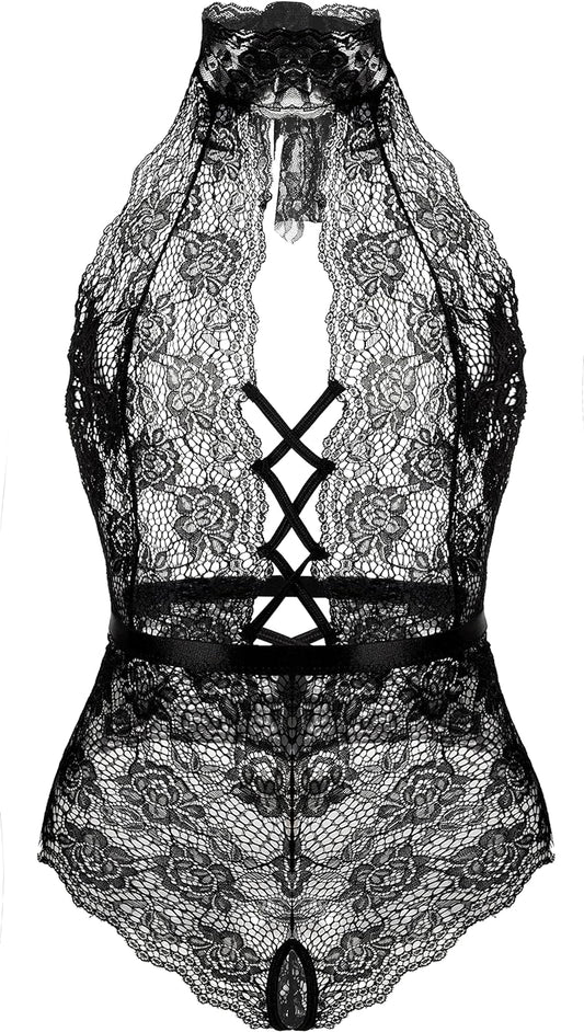 Women Lace Bodysuit Deep V Neck Dobby Mesh Body Suits Teddy Lingerie Black,M - OmniPleasures