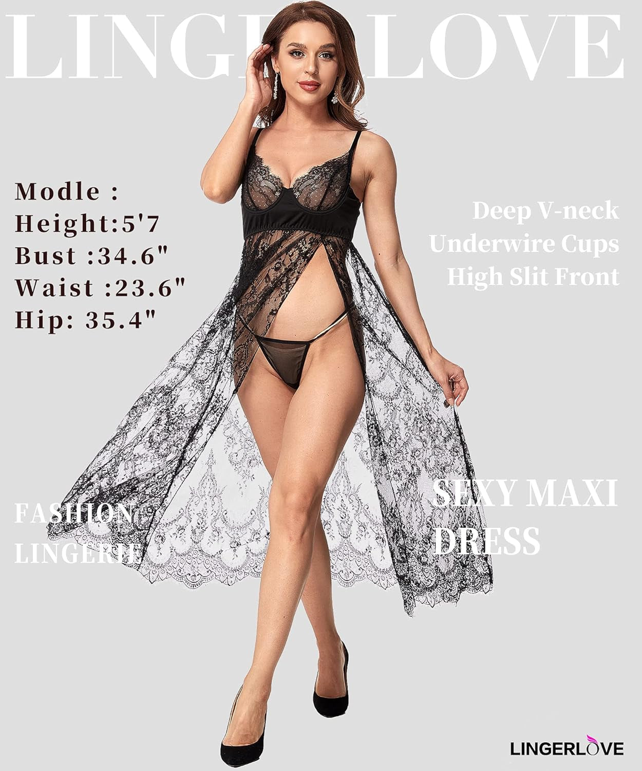 Women Sexy Lingerie Lace High Slit Maxi Long Gown Sheer Dress with Underwire S-4XL - OmniPleasures