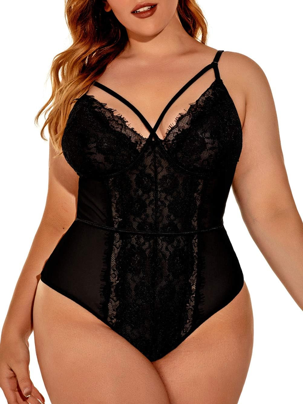 plus Size Eyelash Lace Bodysuit, Snap Crotch Sexy Top Lingerie, Club Outfit - OmniPleasures