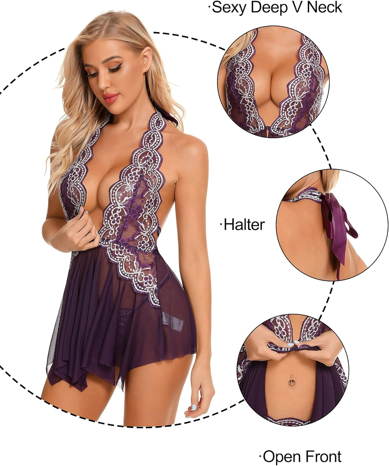 Women Lace Lingerie Babydoll Sexy Chemise Exotic Nightgowns Bridal Nightdress Purple L - OmniPleasures