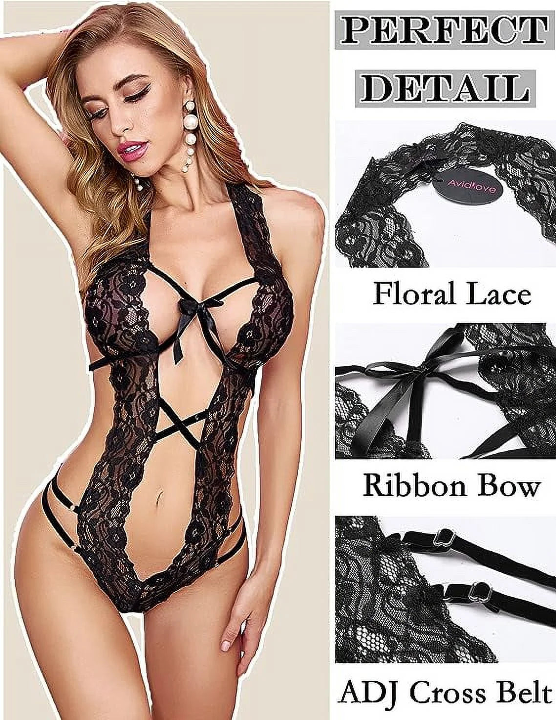 Women Lace Lingerie Deep V Bodysuit One Piece Babydoll Teddy Underwear Black - OmniPleasures