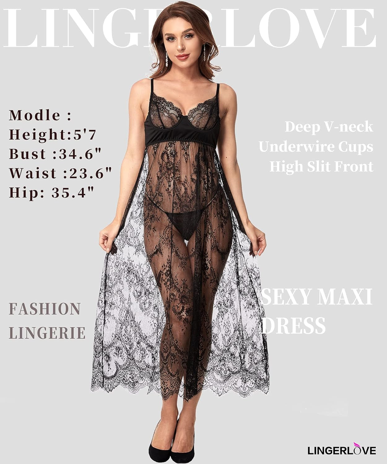 Women Sexy Lingerie Lace High Slit Maxi Long Gown Sheer Dress with Underwire S-4XL - OmniPleasures