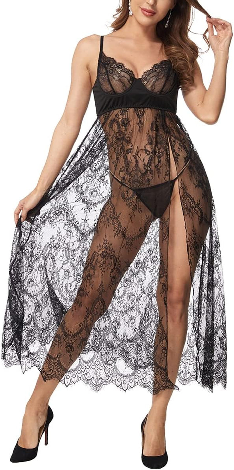 Women Sexy Lingerie Lace High Slit Maxi Long Gown Sheer Dress with Underwire S-4XL - OmniPleasures