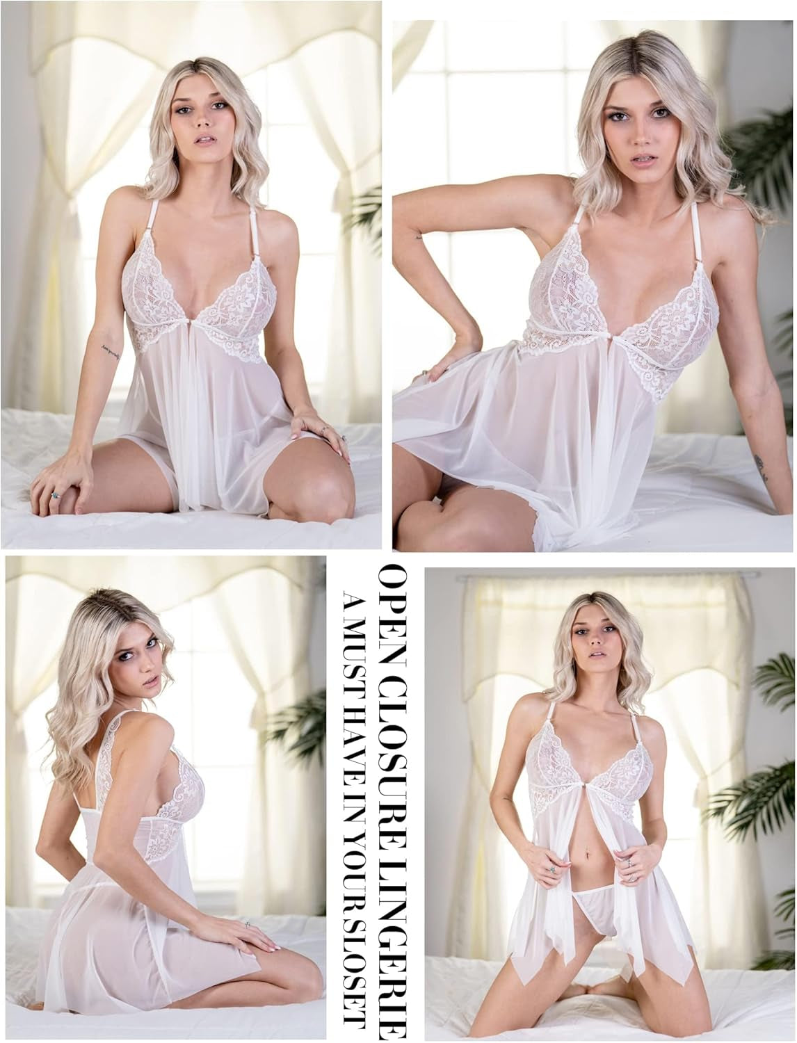 Women Lace Lingerie Front Closure Babydoll V Neck Nightwear Sexy Chemise Nightie - OmniPleasures